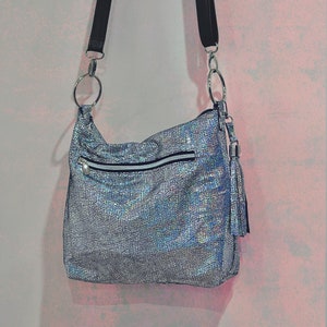 Holographic Silver iridescent crossbody bag, Lining options, zipper pockets, premium Soft leather, removable adjustable strap, 2 sizes