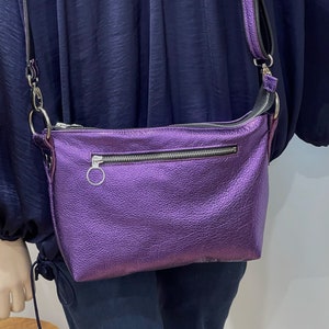 Smaller metallic purple crossbody bag, Lining options, zipper pocket, premium leather, removable adjustable strap, purple crossbody