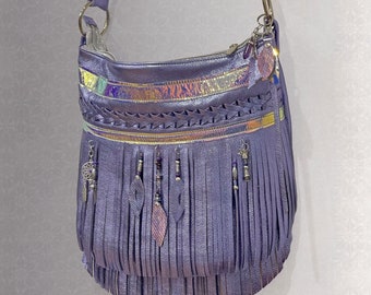 Fringe bag Metallic Lavender purple boho, beaded braided leather, double fringe, zipper close, Lining options, slip pockets, zipper pocket
