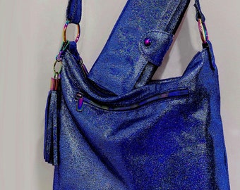 Blue Iridescent crossbody bag, Lining options, soft leather, zipper & slip pockets, premium Italian leather, adjustable strap 2 size options