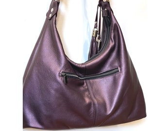 Ready to Ship Antique Purple Italian Hobo, pearlized purple bag, purple hobo, soft premium leather, soft chambray lining, zipper pockets