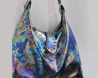 Oil Slick Rainbow Leather Hobo, 2 sizes, hardware options, adjustable strap, rivets and chain feature, Italian leather, lining options