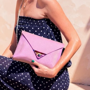 Iridescent Pink Leather clutch, Metallic, iridescent gift, Envelope purse, rainbow hardware, clutch purse, card pocket, turn clasp closure