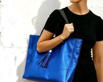 Metallic Cobalt Leather Tote, Soft relaxed luxury metallic leather, zipped leather pocket, free leather purse, electric blue, 2 size options