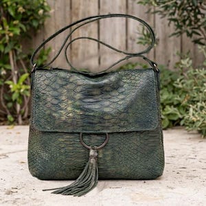 Green Snakeskin Tooled Leather Crossbody Bag, Boho Flap Shoulder Purse with Tassel, Python Embossed Emerald Handbag, Western Bohemian Bag