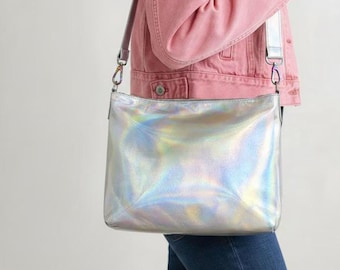 Holographic Genuine Leather Crossbody Bag, Handmade Holo Purse with adjustable strap, size options