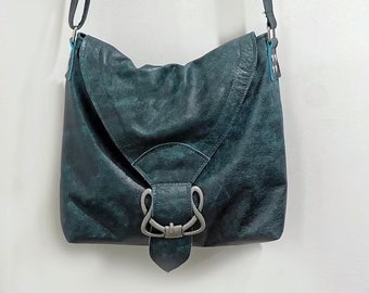 Vintage Teal Distressed leather bag, Celtic Crossbody, adjustable strap, antique celtic buckle, magnet close, zip pockets, blue green