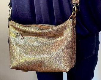 Iridescent holo Gold soft crossbody bag, Lining options, zipper pocket, premium leather, removable adjustable strap, textured crossbody