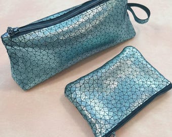 Iridescent Blue Zipper Pouch - Metallic Makeup Bag, Coin Purse