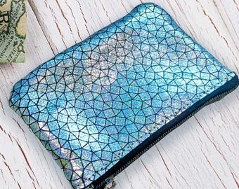Holographic Blue Geometric Leather coin purse, Metallic Gift, zipper pouch, small bag, accessory, genuine leather iridescent pouch
