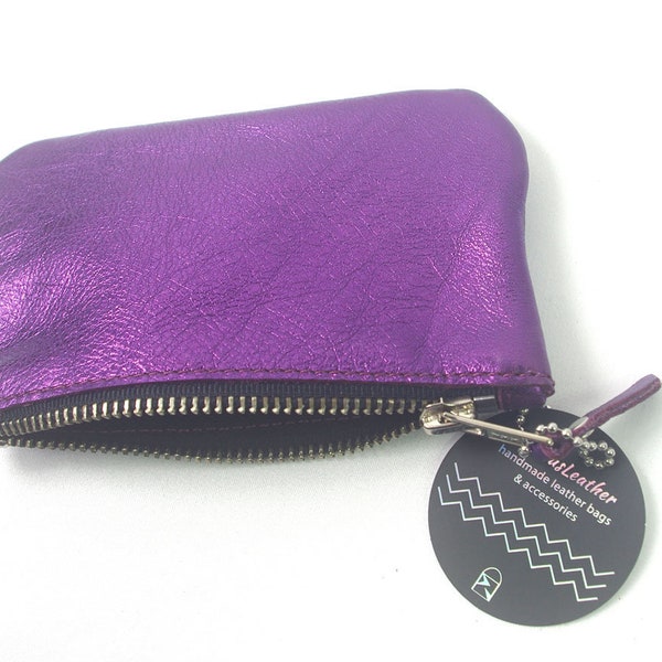 Purple Metallic coin purse, leather gift idea, leather purse, coin purse Leather pouch with zipper, metallic purse, metal zipper with pull