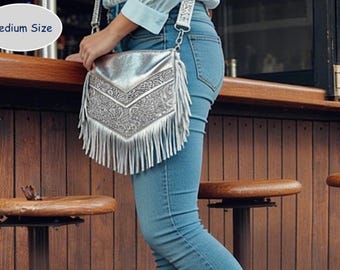 Metallic silver Leather Fringe Hobo Bag, with tooled leather, zipper pocket, hippie bag festival, in 2 sizes