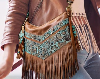 Tooled turquoise and brown Leather Fringe Bag, featured premium leather fringe hobo, zipper close slip and zipper pocket, bag charm, 2 sizes