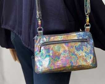 Rainbow metallic Leather crossbody bag, Italian leather, oil slick pattern leather, very soft leather purse, removable strap, lining option