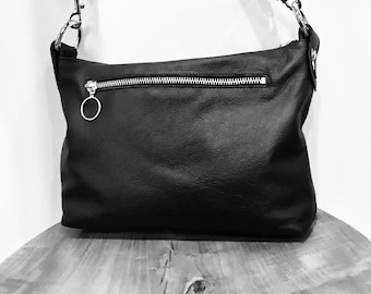 Small Black Leather bag, shoulder-crossbody, Soft Black Leather bag, Lining options, zipper pocket, slip pockets, detachable strap, 2 sizes