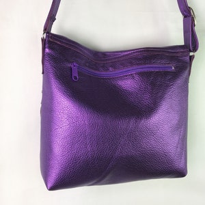 Metallic Purple leather Shoulder bag, or Crossbody, Adjustable Strap, zipper pocket, Lined with pockets, lining options, key hook clasp image 8