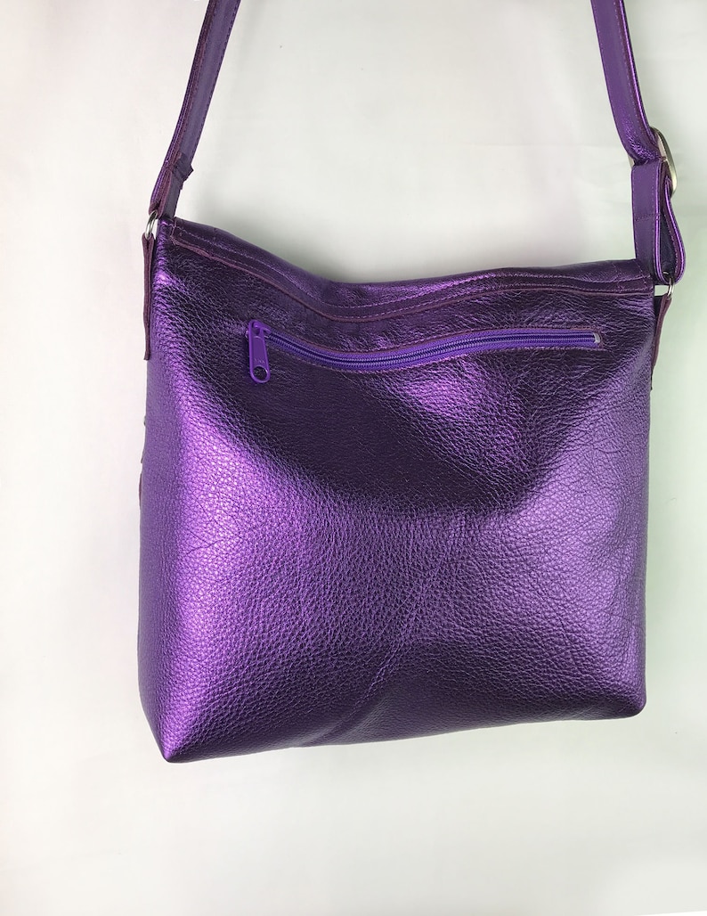 Metallic Purple leather Shoulder bag, or Crossbody, Adjustable Strap, zipper pocket, Lined with pockets, lining options, key hook clasp image 8