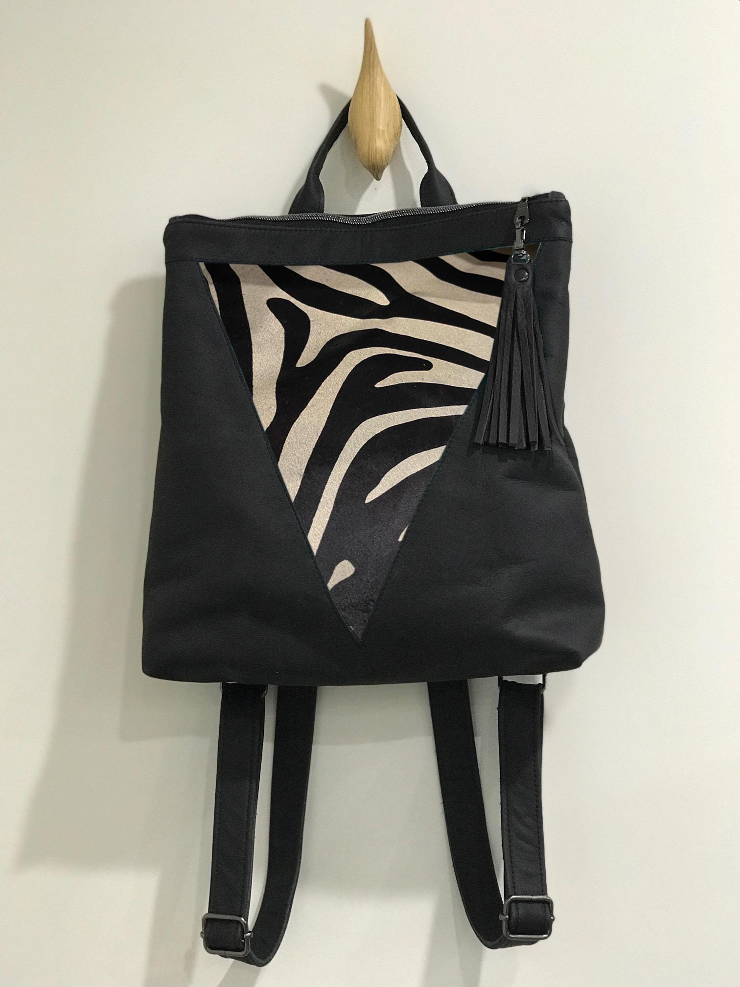 Zebra Print Cowhide and Black Leather Backpack, Adjustable 