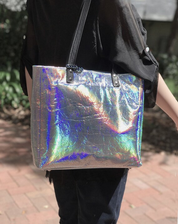 Buy Holographic Leather Tote Holo Silver Leather Leather Zipper Pocket Purse 2 Sizes Key Clasp Lining Options Magnet or Zipper Close Online in India Etsy
