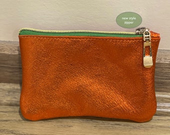 Orange Metallic zipper purse, leather purse, soft leather gift idea, zipped Leather pouch, orange metallic purse, gold zipper