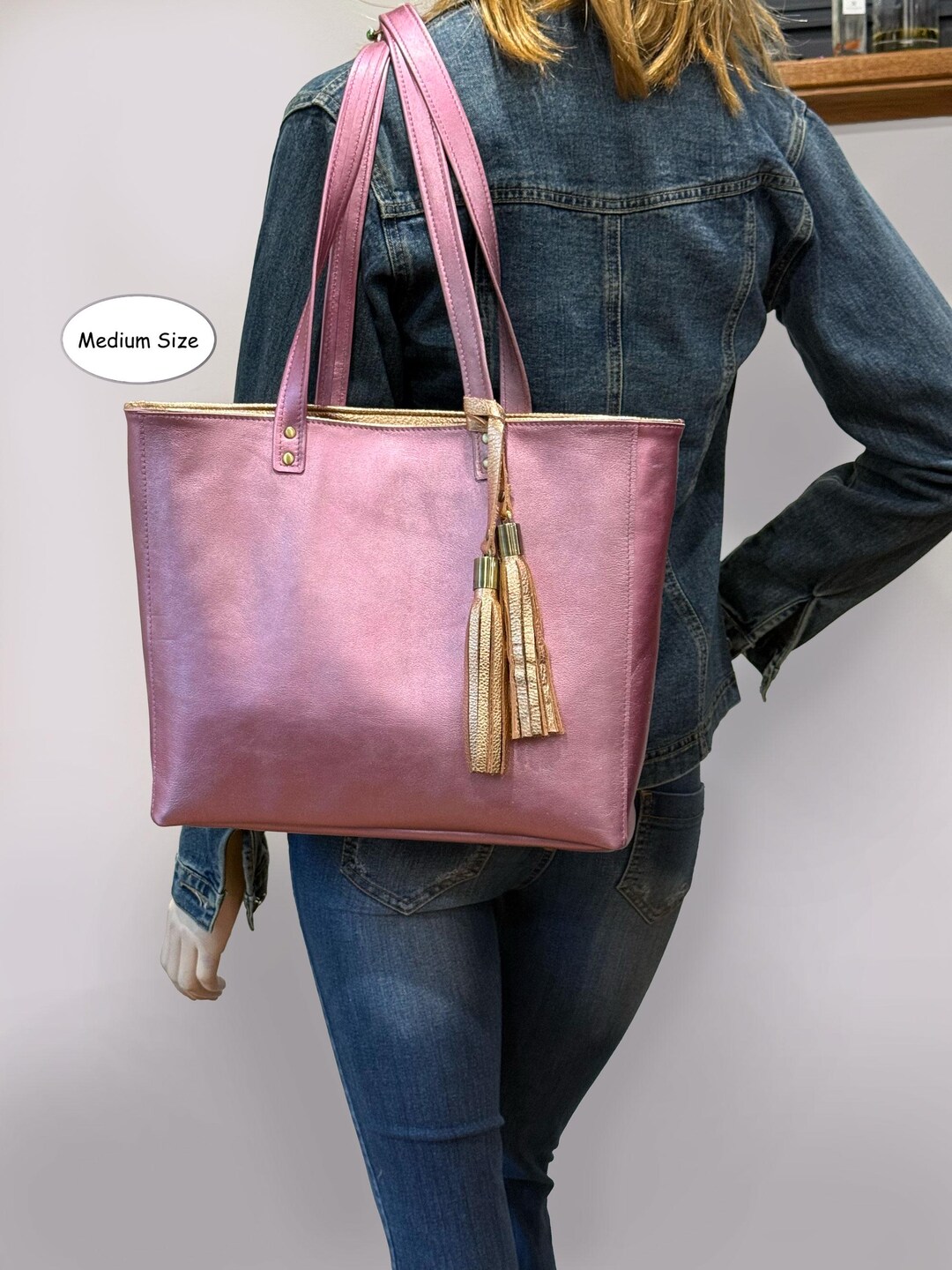 Rose Pink Metallic Leather Tote, Soft Vintaged Pink Metallic Tote