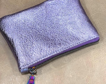 Lavender Metallic Leather coin purse, Leather Lilac pouch with zipper