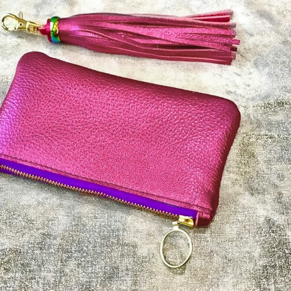 Coffret cadeau métallique rose, sac à main en cuir, gland, idée cadeau en cuir souple, pochette en cuir avec fermeture à glissière, sac à main métallique, fermeture à glissière en métal avec traction