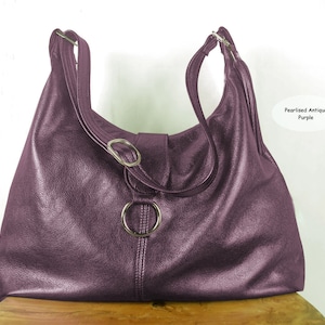 Pearlized Purple Italian Hobo, metallic purple bag, 2 sizes, purple hobo, soft premium leather, hardware option, lining options, zip pockets