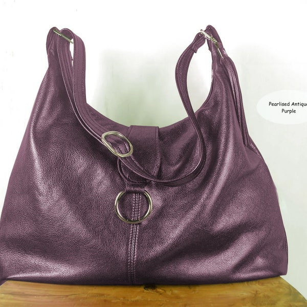 Antique Purple Italian Hobo, pearlized purple bag, 2 sizes, purple hobo, soft premium leather, hardware options, lining options pockets