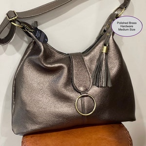 Metallic Pewter Italian Hobo, pewter leather, 2 sizes,  soft premium leather hobo, hardware options, lining options ,pockets, leather tassel