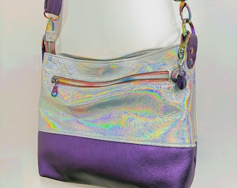 Holographic and purple leather bag, adjustable Crossbody, easy slide zippers, lining options, slip pockets, zipper pocket