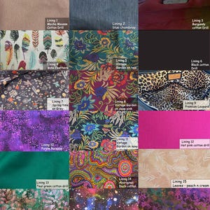 Puede incluir: Una colecci&oacute;n de muestras de tela que muestra varios patrones y colores. Las muestras incluyen dise&ntilde;os florales, estampados abstractos y colores lisos como el verde azulado, el rosa y el burdeos. Cada muestra est&aacute; etiquetada.