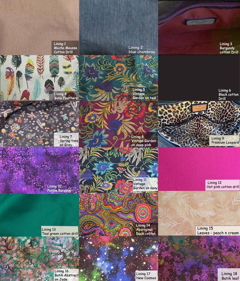 Puede incluir: Una colecci&oacute;n de muestras de tela que muestra varios patrones y colores. Las muestras incluyen dise&ntilde;os florales, estampados abstractos y colores lisos como el verde azulado, el rosa y el burdeos. Cada muestra est&aacute; etiquetada.