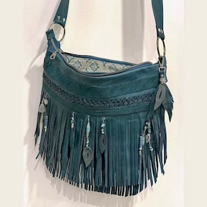 Deep Teal Fringe Bag, beaded boho braided leather, double fringe hobo, zipper close, Lining options, slip pockets, zipper pocket