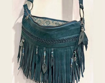 Deep Teal Fringe Bag, beaded boho braided leather, double fringe hobo, zipper close, Lining options, slip pockets, zipper pocket