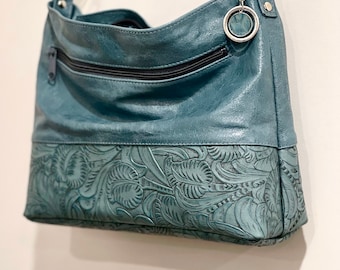 Blue Turquoise Tooled leather bag, firm base leather adjustable Crossbody, easy slide zippers, lining option, slip pockets, vintage blue bag