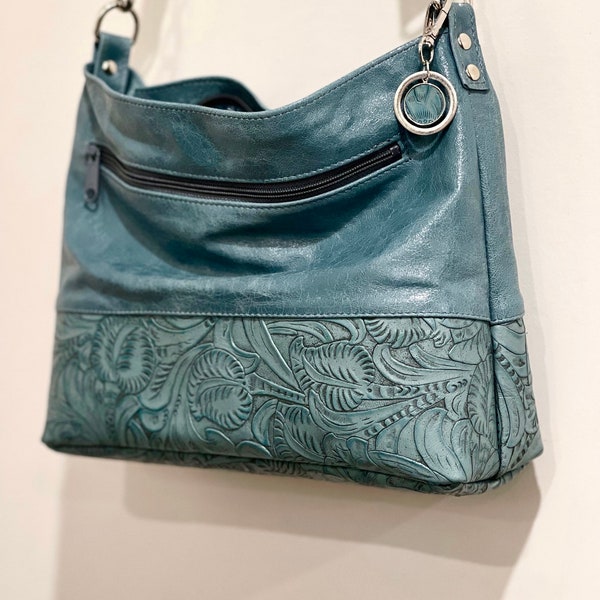 Blue Turquoise Tooled leather bag, firm base leather adjustable Crossbody, easy slide zippers, lining option, slip pockets, vintage blue bag