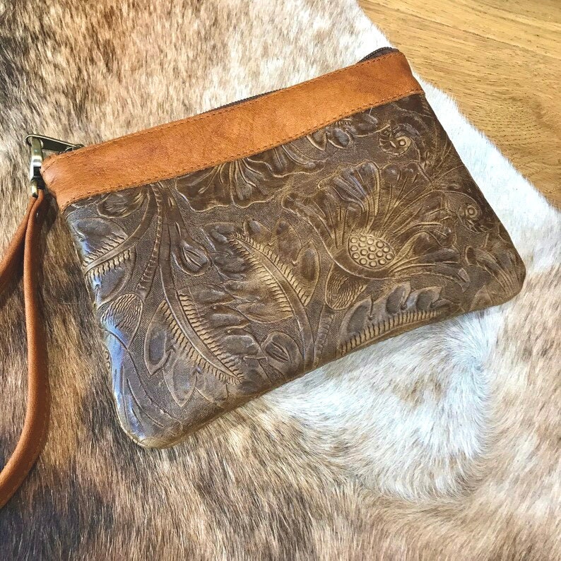 Carved Leather Wristlet, Australian western floral embossed, Handmade Leather Gift idea, anniversary gift, mothers day, Australian gift image 6