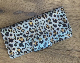 Leopard Print Leather Wallet Purse with zipper pocket, holds cards, iPhone wallet purse, Gift for Her, Womens Leather Wallet, metallic purse