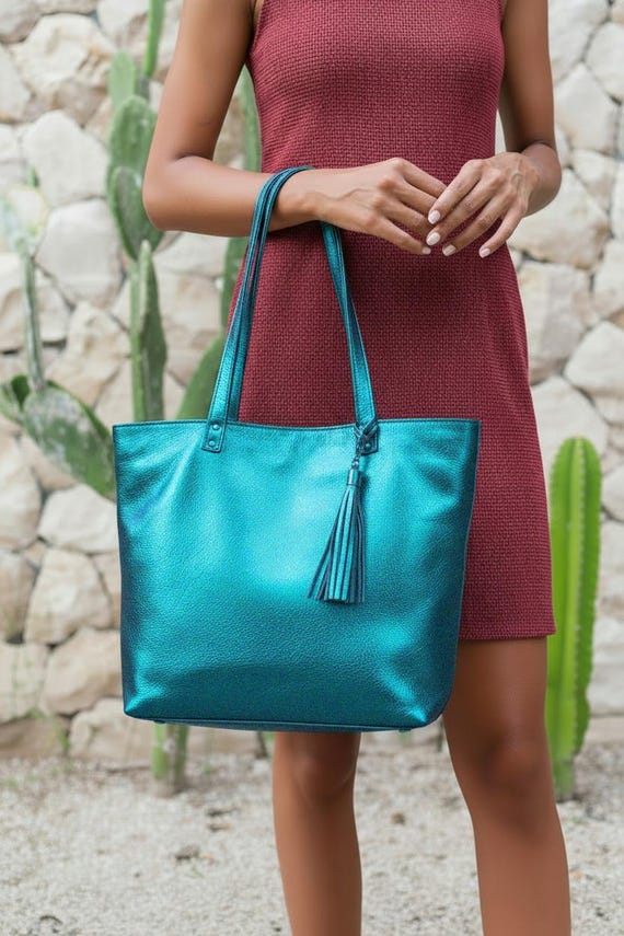 Metallic Turquoise Leather Tote Bag, Free Purse, Blue Shopper Tote 