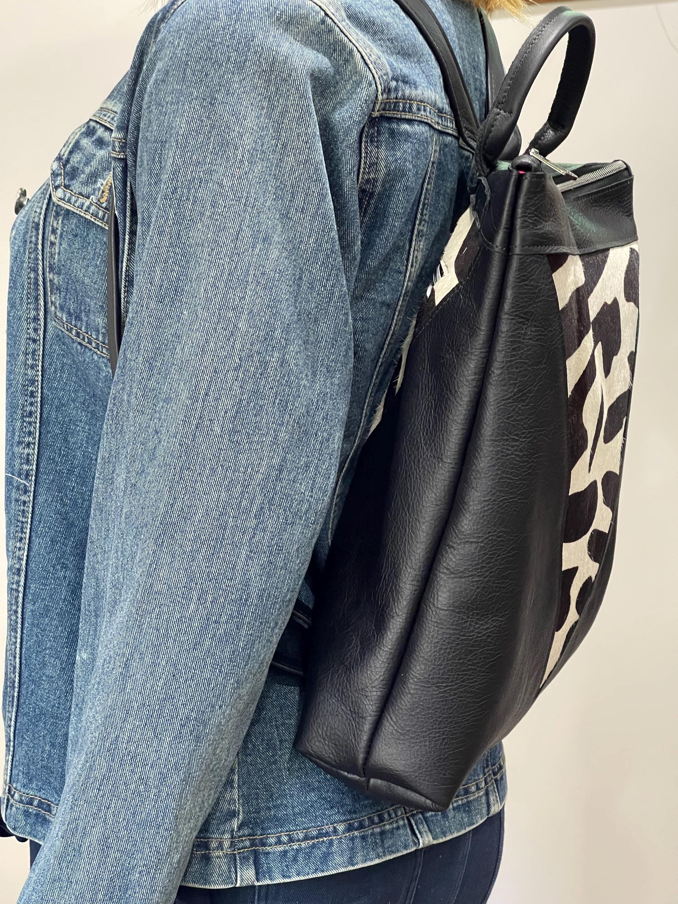 Zebra Print Cowhide and Black Leather Backpack, Adjustable  display picture 1