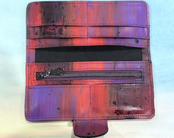 Colorful Leather Wallet Purse abstract Lava flow finish with zipper pocket, holds multiple cards cell phone and more, Italian leather