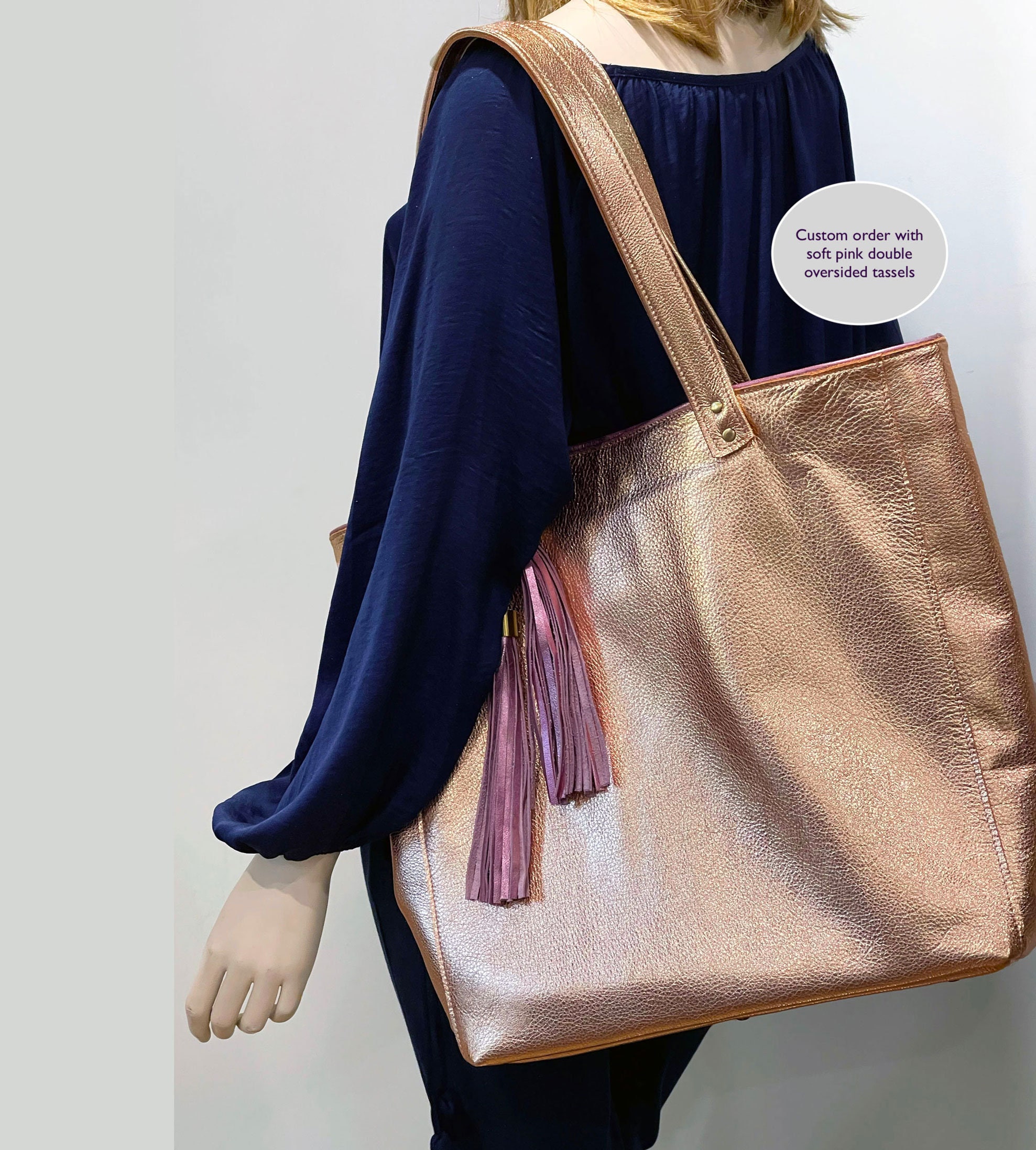 Metallic Rose Leather Tote Soft Relaxed Peach Leather -