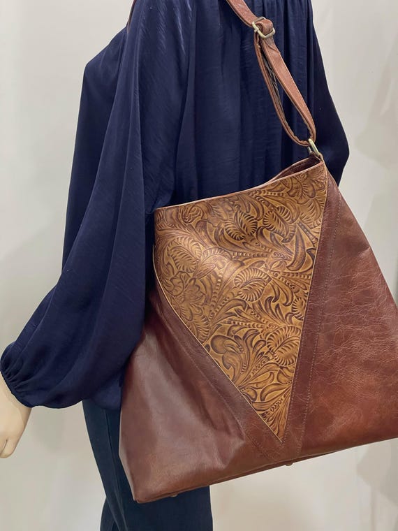 Brown tooled leather hobo bag, Premium Leather, embossed flower and leaf leather, adjustable strap, embossed leather bag, lining options