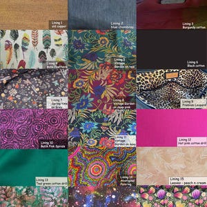 May include: A collection of fabric swatches showcasing various patterns and textures. The swatches include old copper, blue chambray, burgundy cotton, boho feathers, vintage garden on teal, black cotton, spring time on grey, vintage garden on deep pink, premium leopard, batik pink spirals, vintage garden on navy, hot pink cotton drill, teal green cotton drill, aboriginal painting, leaves-peach n cream, batik abstract on jade, new cosmos, and protea.