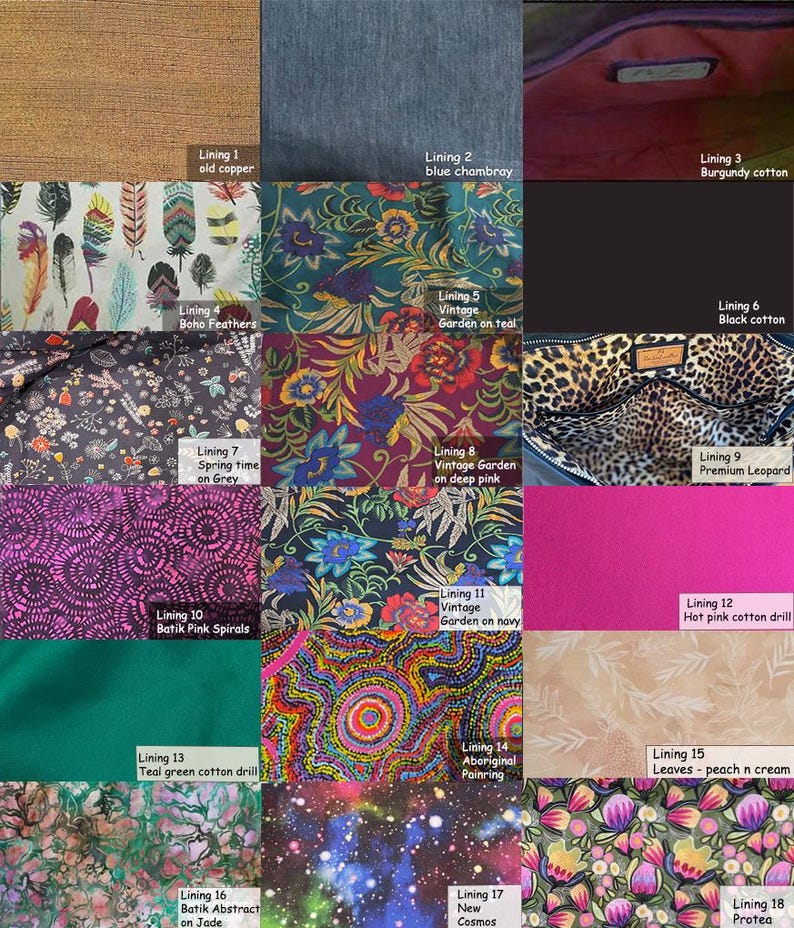 May include: A collection of fabric swatches showcasing various patterns and textures. The swatches include old copper, blue chambray, burgundy cotton, boho feathers, vintage garden on teal, black cotton, spring time on grey, vintage garden on deep pink, premium leopard, batik pink spirals, vintage garden on navy, hot pink cotton drill, teal green cotton drill, aboriginal painting, leaves-peach n cream, batik abstract on jade, new cosmos, and protea.