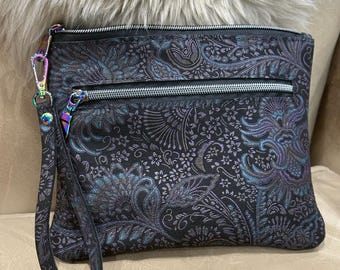 Floral Baroque leather Wristlet Purse with zipper pocket, Lined Clutch, 2 sizes, lining options