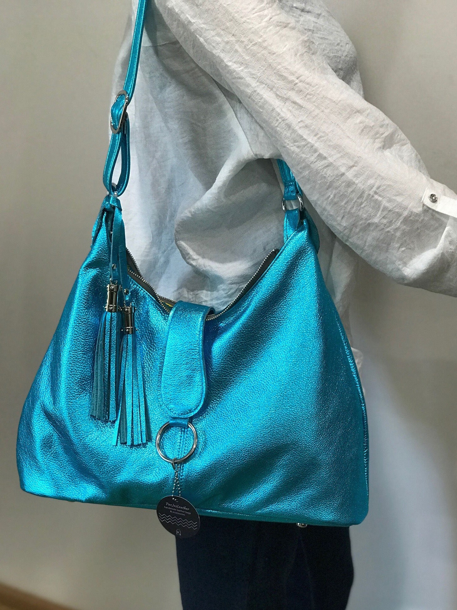 Womens metallic turquoise Italian Hobo 2 sizes soft leather bag premium leather bag lined pockets adjustable strap double tassel