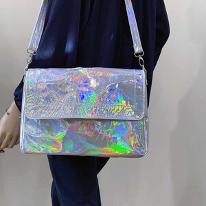 Large Holographic Messenger bag, magnet close, laptop bag, Lining options, zipper pockets, premium Italian holo leather, adjustable strap