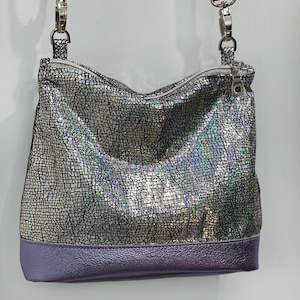 Iridescent Holographic silver crossbody bag, small lined purse, pocket, zipper closure, soft leather, removable adjustable strap image 5